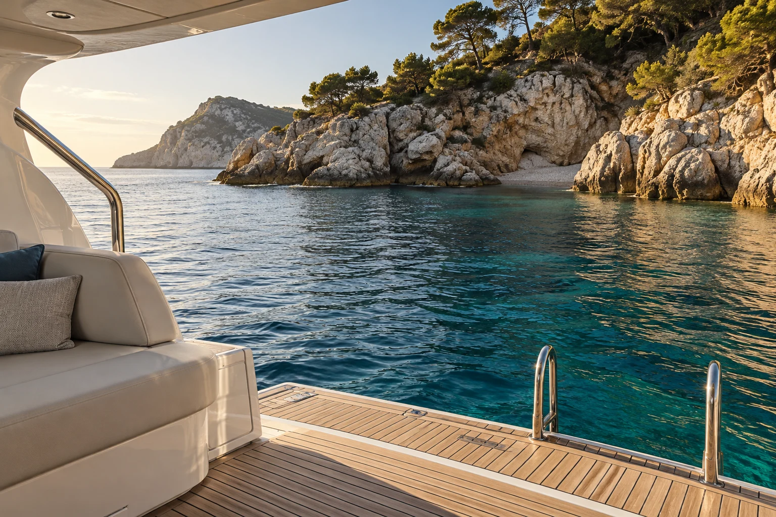 Illustrative generated view from a yacht deck towards a Mediterranean cove
