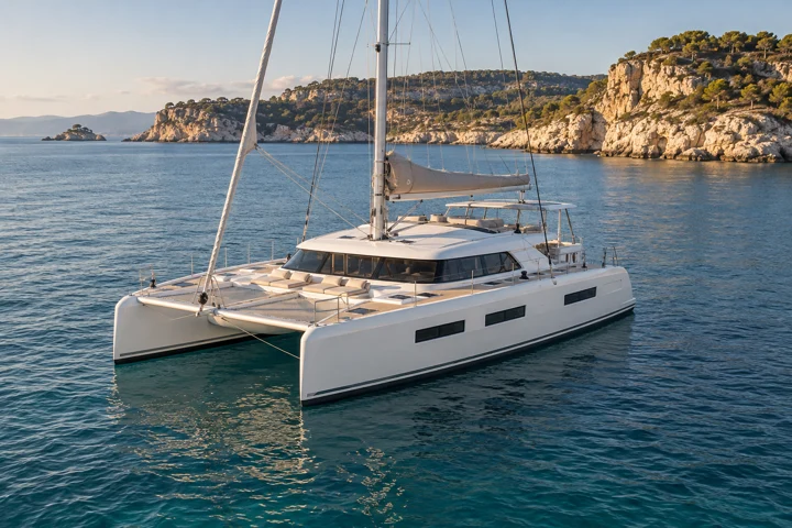 Illustrative generated catamaran at anchor