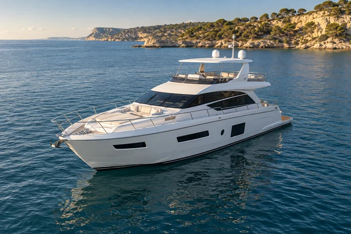 Illustrative generated motor yacht at anchor