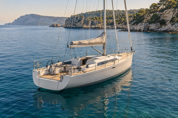 Illustrative generated sailing yacht near the coast