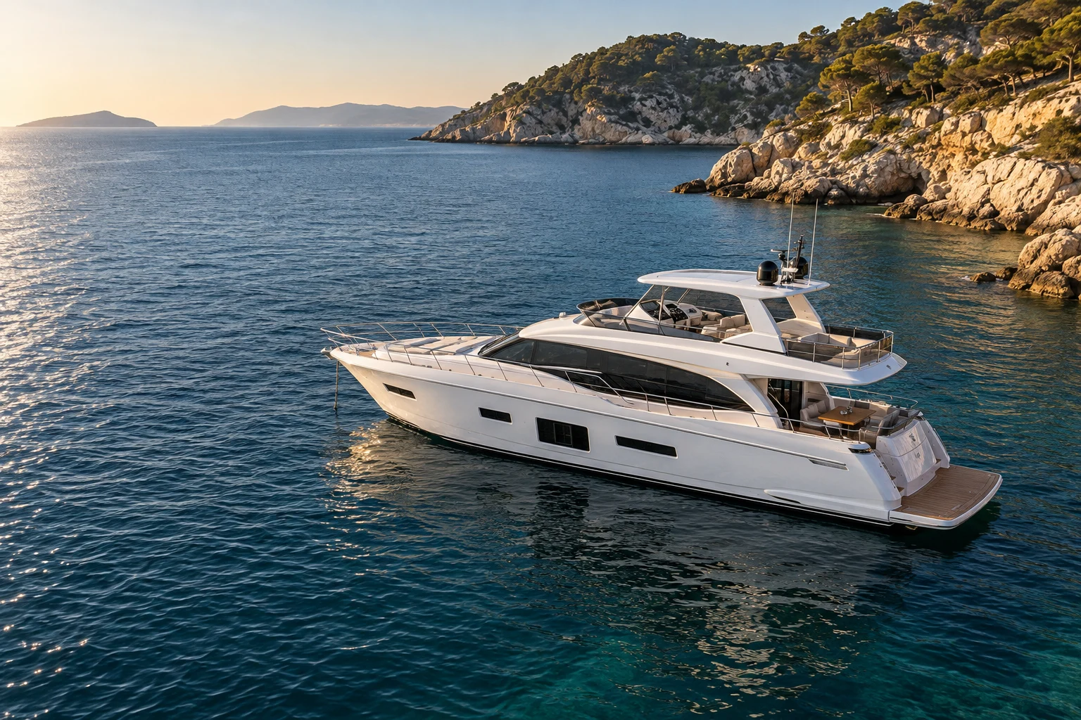 Illustrative generated yacht beside a sunlit Mediterranean coast